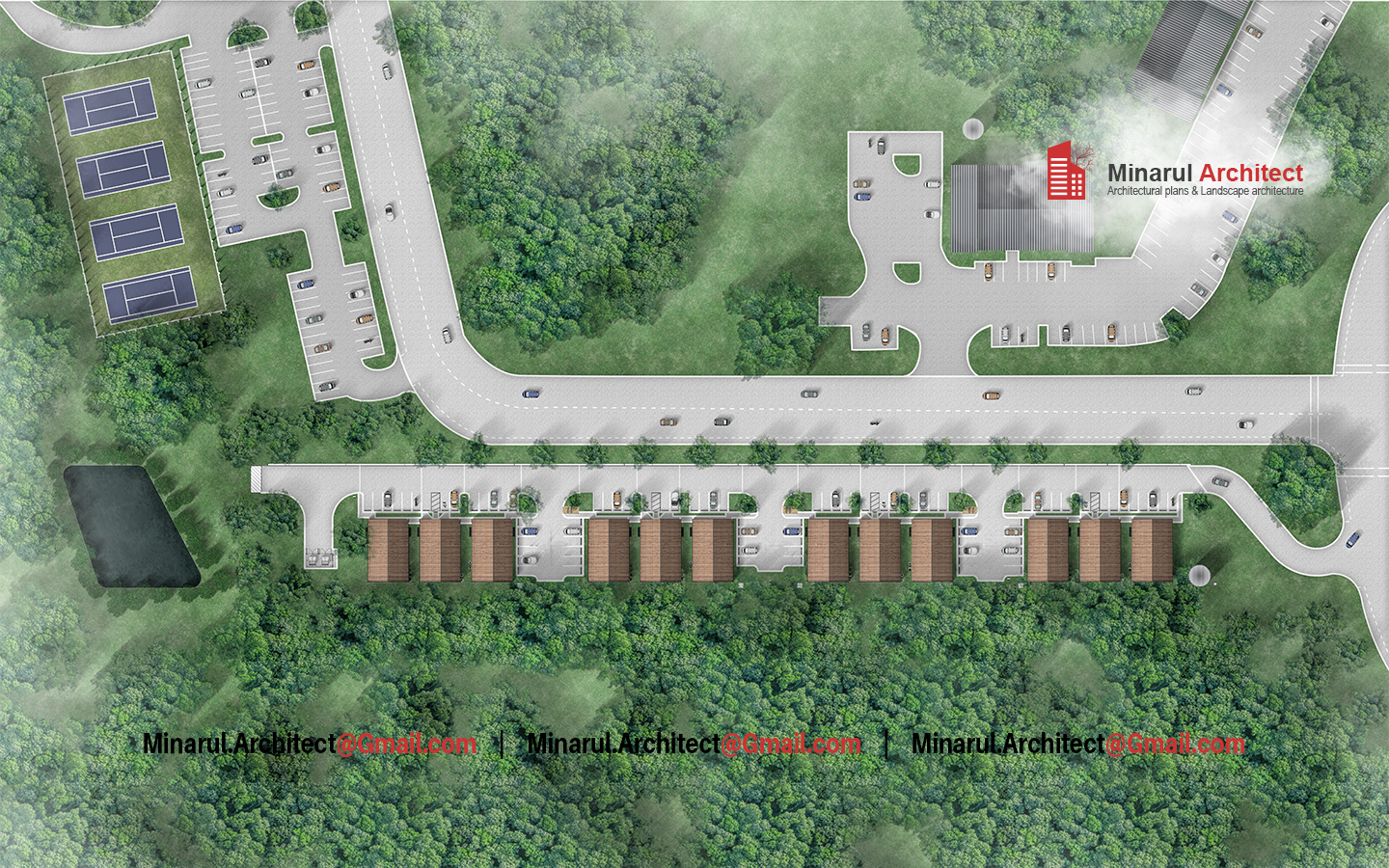 Site plan design example – residences, roads, parking, green buffer