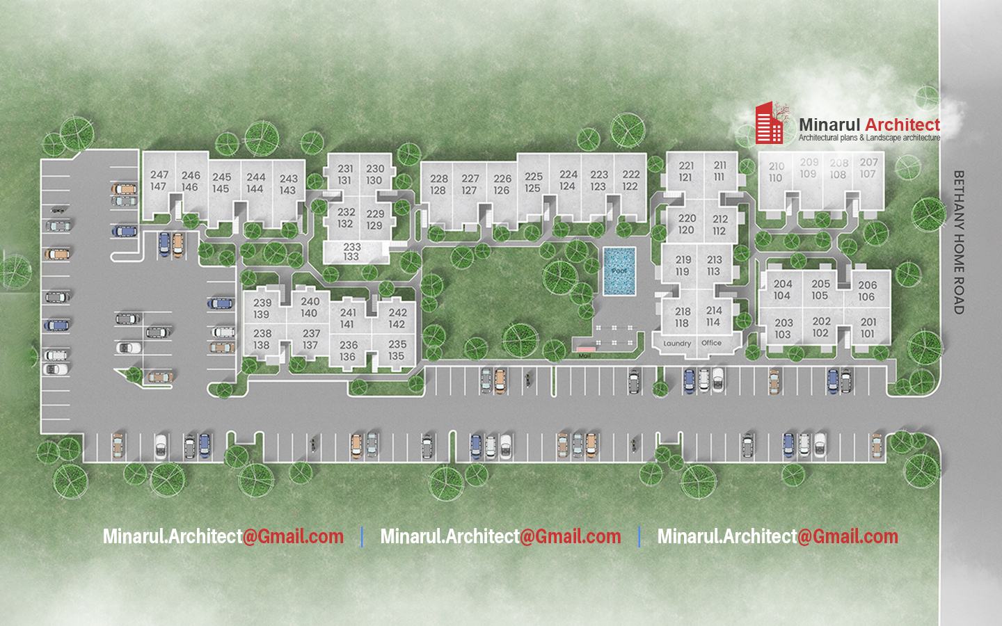 Custom site plan design showing residential site layout, parking, pool and landscape architecture