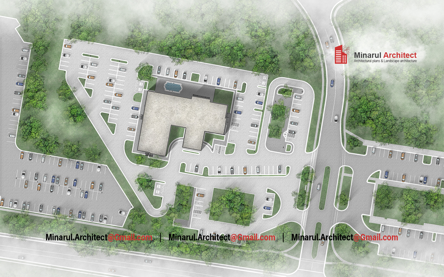 Custom site plan design example – building footprint, parking, green zones