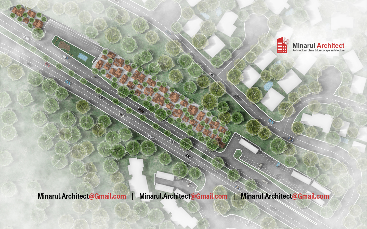 Custom site plan design example – clustered buildings, roads, green zones